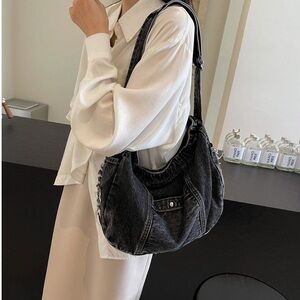 Black Denim Hobo Tote Bag with Edgy Distressing